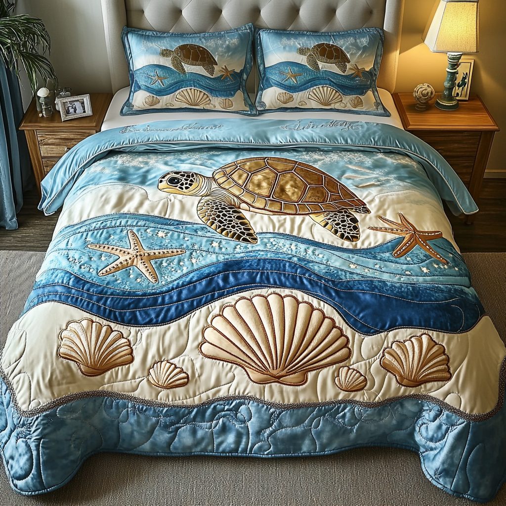 Sandy Toes quilted 3-piece bedding set on a made bed with two matching pillow shams