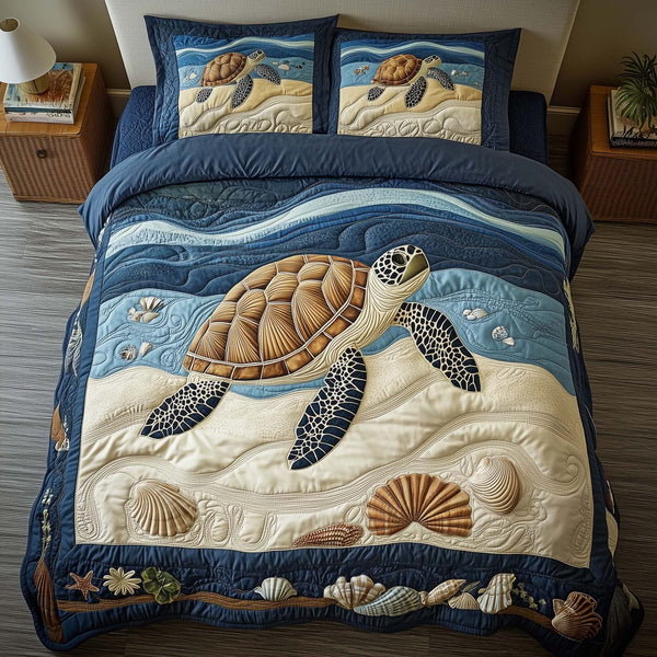Sandy Turtle quilted 3-piece bedding set on a made bed in a light coastal bedroom