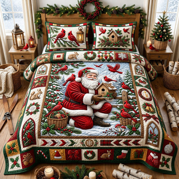 Santa and Cardinal quilted 3-piece bedding set on a made bed in a winter-styled bedroom