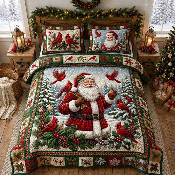 Santa and Cardinal quilted 3-piece bedding set on a made bed in a winter-styled bedroom