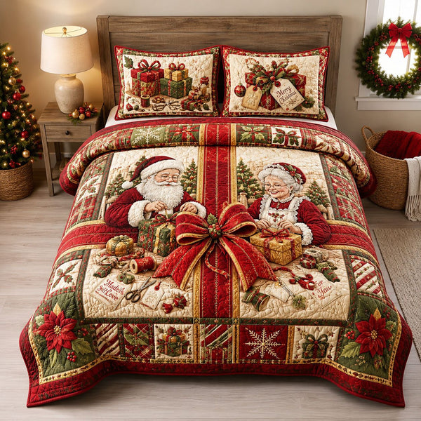 Santa and Mrs Claus Gifts quilted 3-piece bedding set on a made bed in a winter-styled bedroom