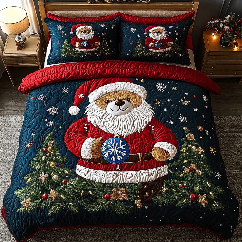 Santa Bear Delight quilted 3-piece bedding set on a made bed in a winter-styled bedroom