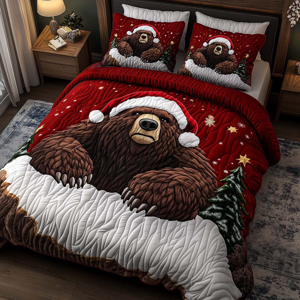 Santa Bear Duvet Cover Set - Design 1 quilted 3-piece bedding set on a made bed in a winter-styled bedroom