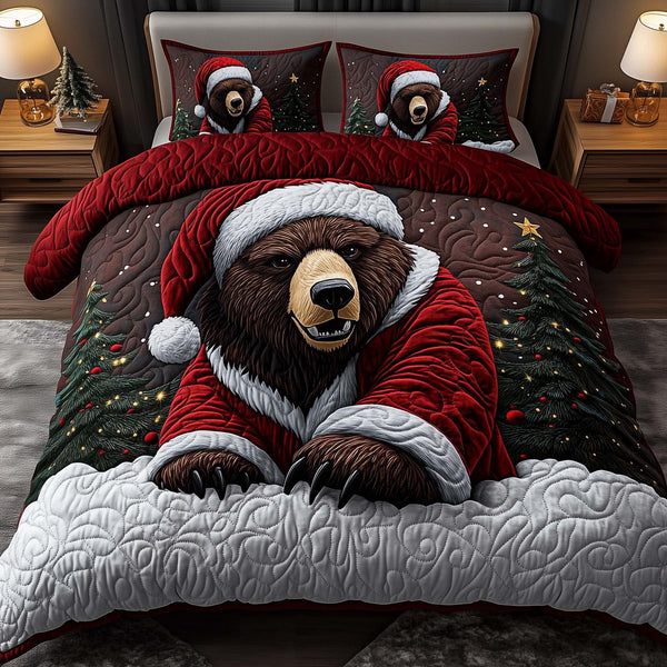 Santa Bear Duvet Cover Set - Design 2 quilted 3-piece bedding set on a made bed in a winter-styled bedroom