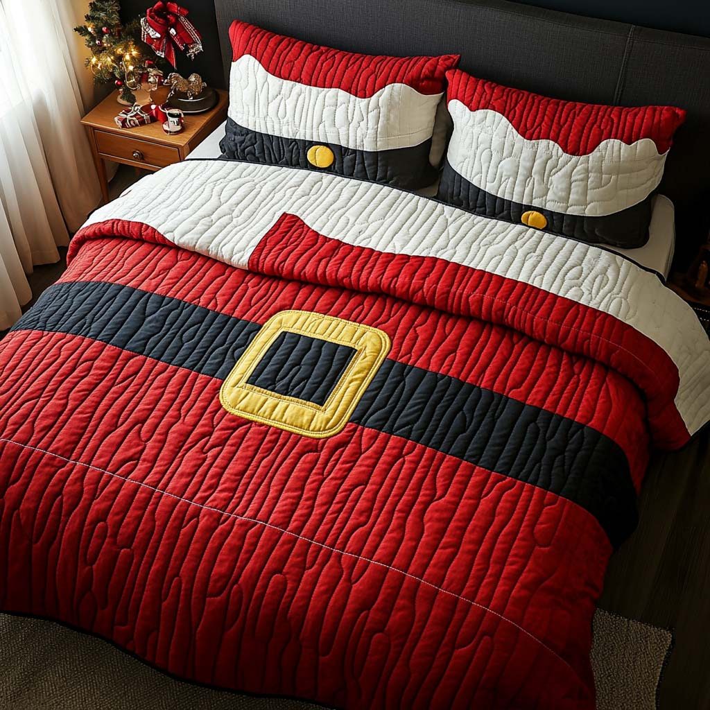 Santa Belt Charm quilted 3-piece bedding set on a made bed in a winter-styled bedroom