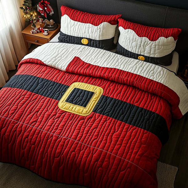 Santa Belt Charm quilted 3-piece bedding set on a made bed in a winter-styled bedroom