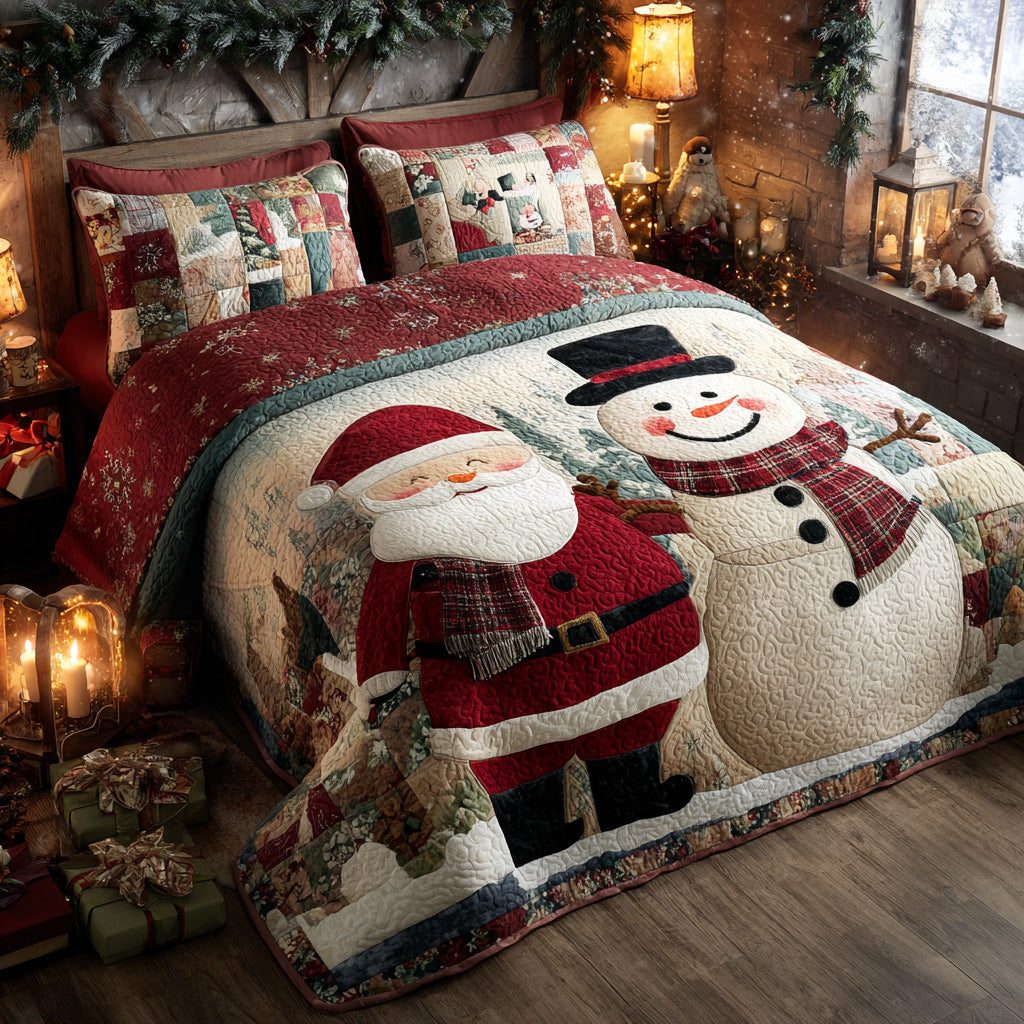 Santa Big Hug quilted 3-piece bedding set on a made bed in a winter-styled bedroom