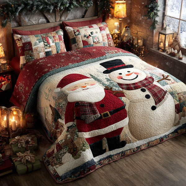 Santa Big Hug quilted 3-piece bedding set on a made bed in a winter-styled bedroom