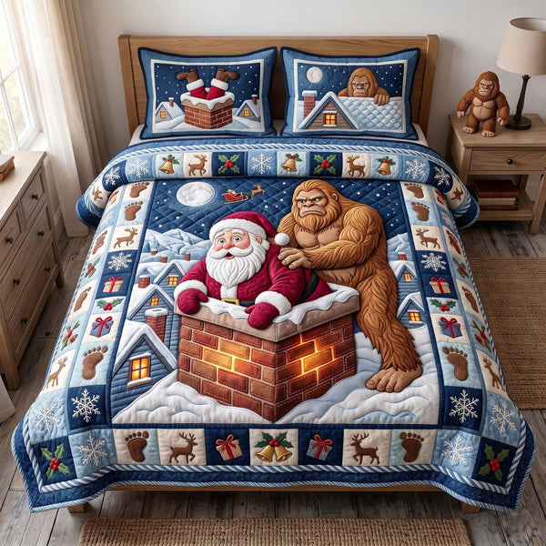 Santa Bigfoot quilted 3-piece bedding set on a made bed in a winter-styled bedroom