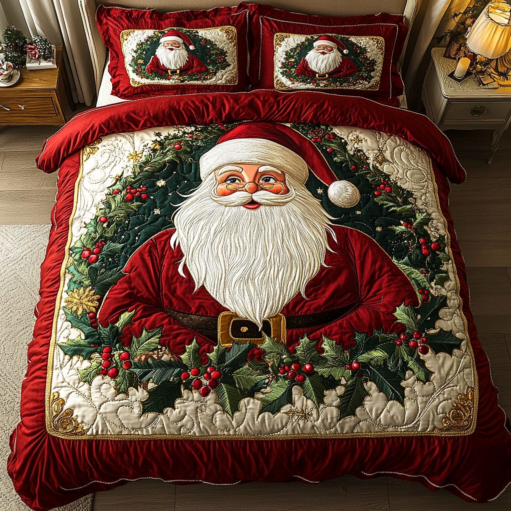 Santa Bliss quilted 3-piece bedding set on a made bed in a winter-styled bedroom