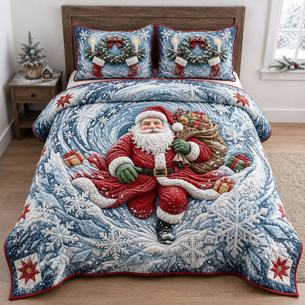 Santa Blizzard Explosion quilted 3-piece bedding set on a made bed in a winter-styled bedroom