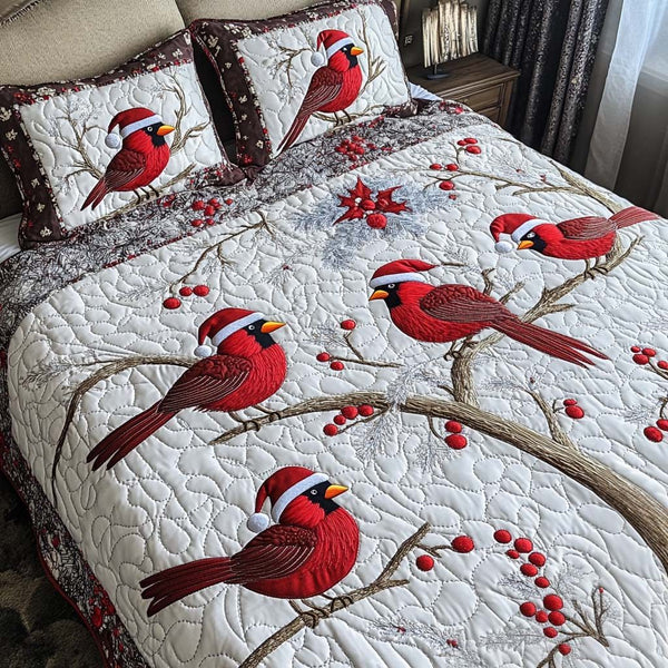 Santa Cardinals quilted 3-piece bedding set on a made bed in a winter-styled bedroom