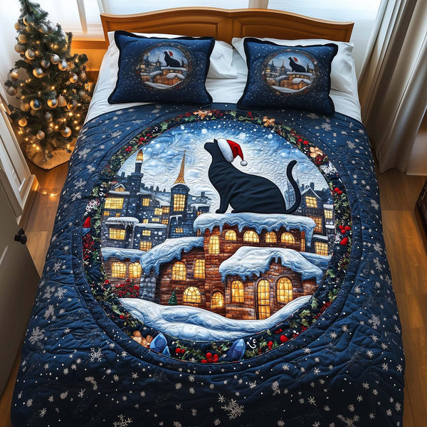 Santa Cat Rooftop quilted 3-piece bedding set on a made bed in a winter-styled bedroom