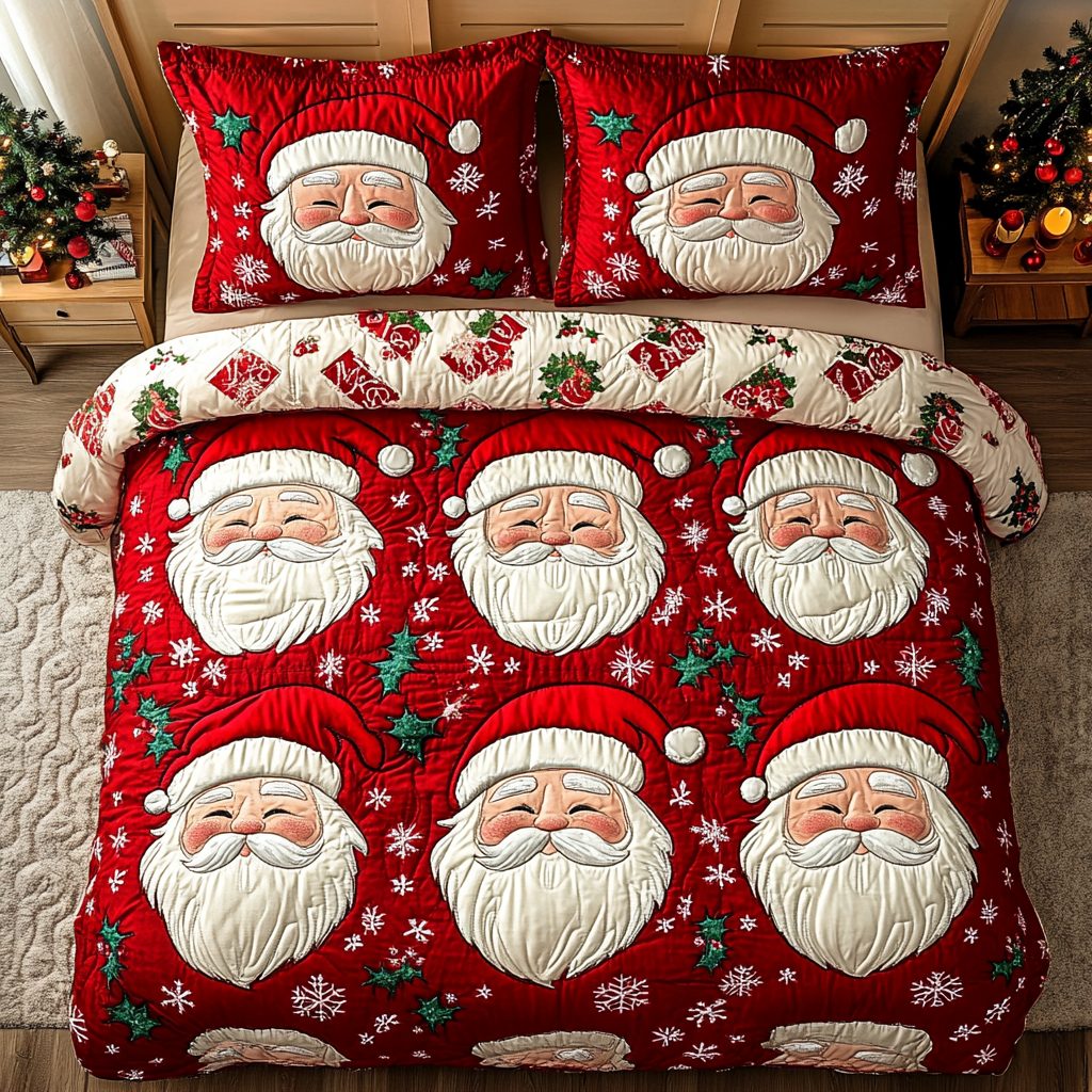 Santa Charm quilted 3-piece bedding set on a made bed in a winter-styled bedroom