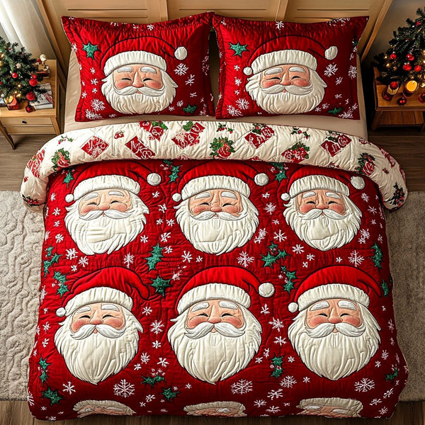 Santa Charm quilted 3-piece bedding set on a made bed in a winter-styled bedroom