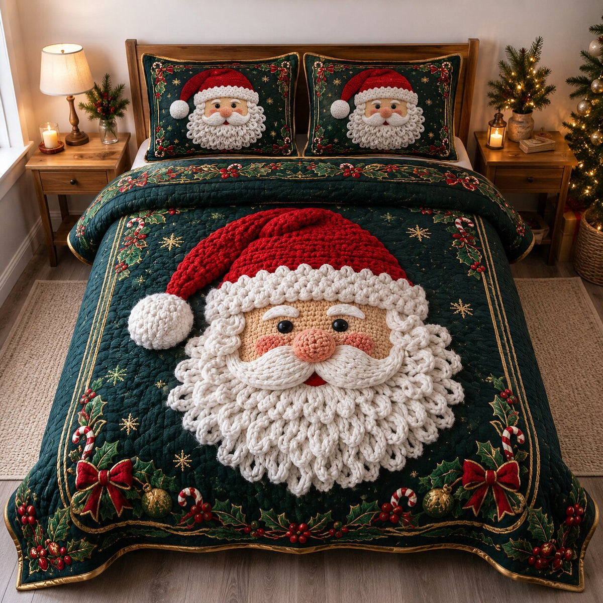 Santa Cheer quilted 3-piece bedding set on a made bed in a winter-styled bedroom
