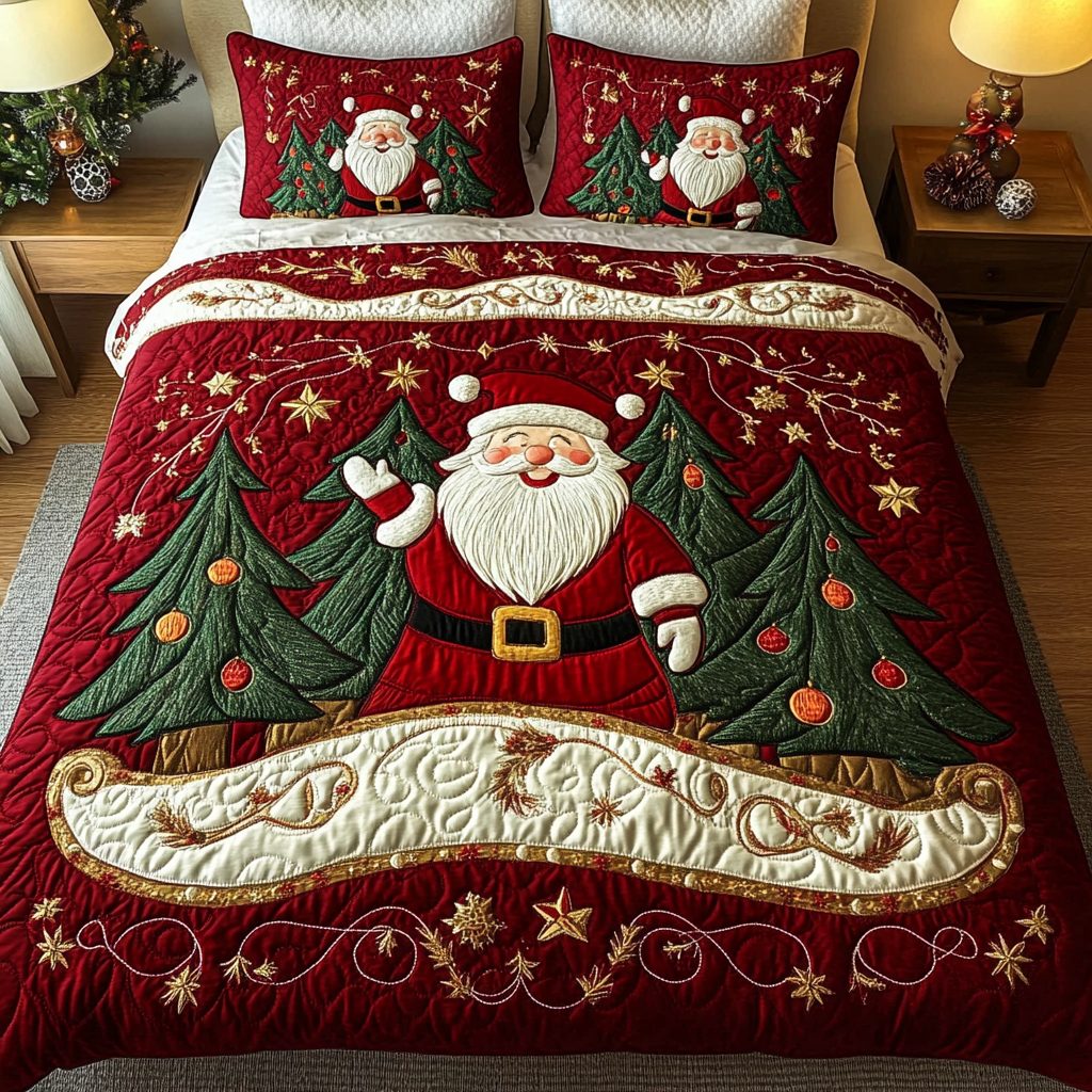 Santa Cheer quilted 3-piece bedding set on a made bed in a winter-styled bedroom