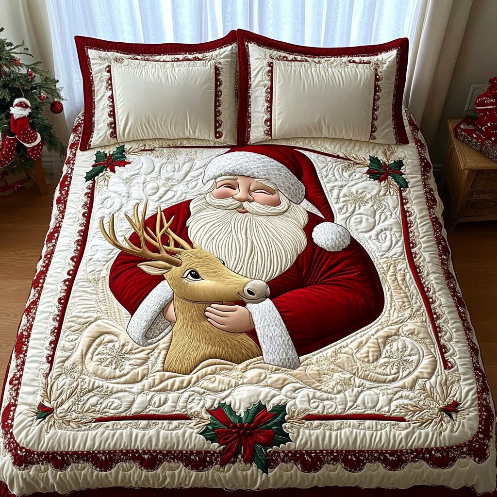 Santa Cheer quilted 3-piece bedding set on a made bed in a winter-styled bedroom