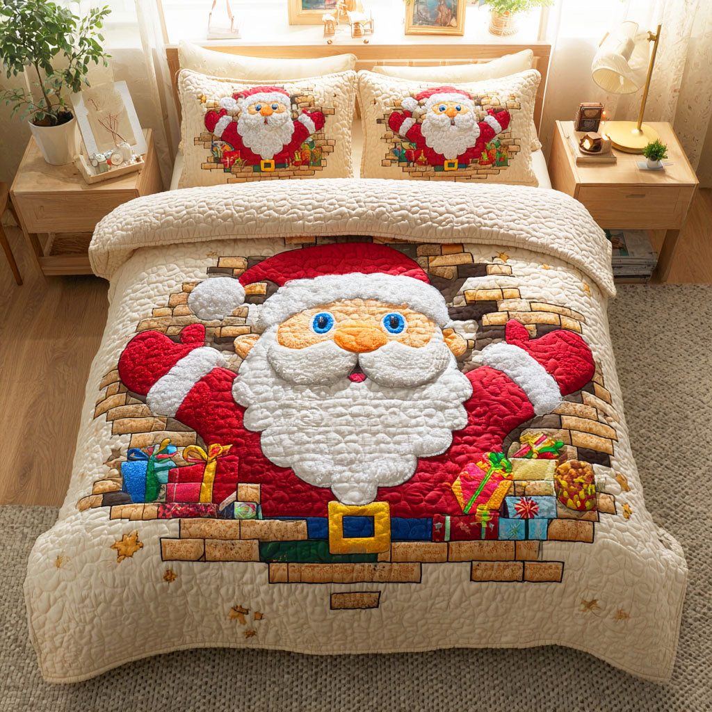 Santa Cheer quilted 3-piece bedding set on a made bed in a winter-styled bedroom
