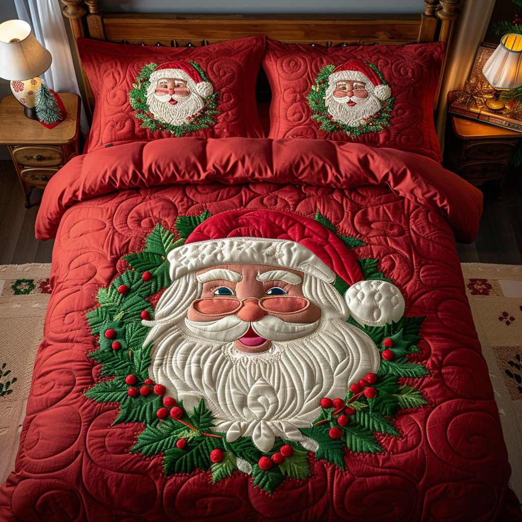 Santa Cheer quilted 3-piece bedding set on a made bed in a winter-styled bedroom