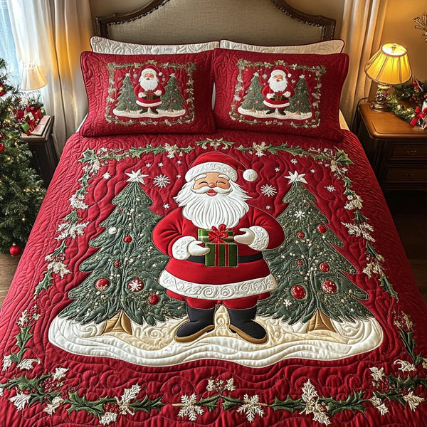 Santa Cheerful Journey quilted 3-piece bedding set on a made bed in a winter-styled bedroom
