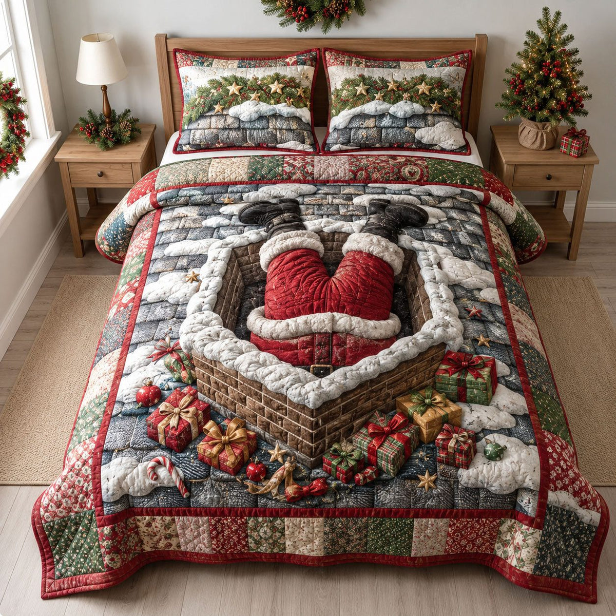 Santa Chimney Surprise quilted 3-piece bedding set on a made bed in a winter-styled bedroom