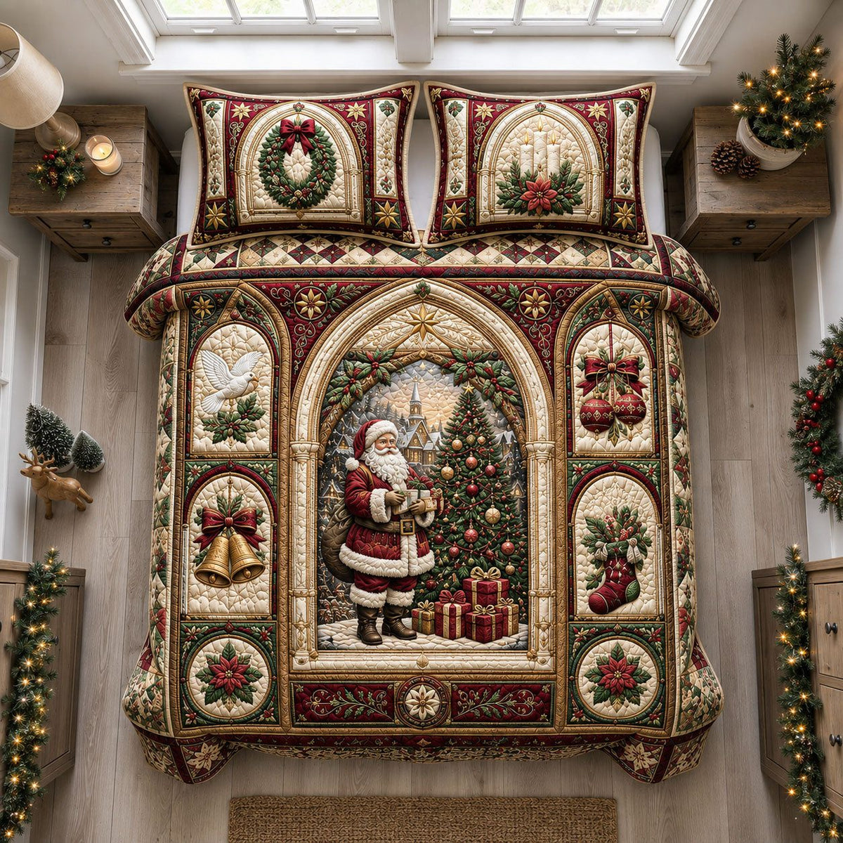 Santa Christmas Chapel quilted 3-piece bedding set on a made bed in a winter-styled bedroom