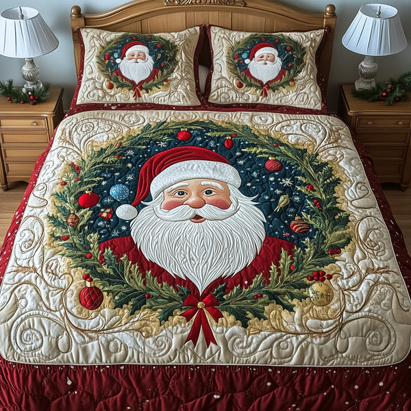 Santa Christmas Cheer quilted 3-piece bedding set on a made bed in a winter-styled bedroom