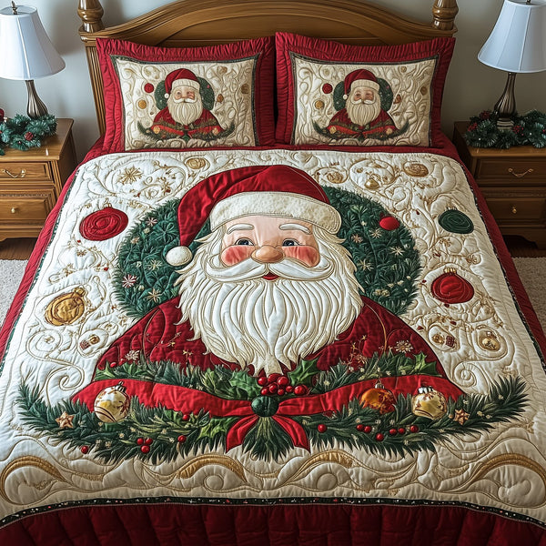 Santa Christmas Cheer quilted 3-piece bedding set on a made bed in a winter-styled bedroom