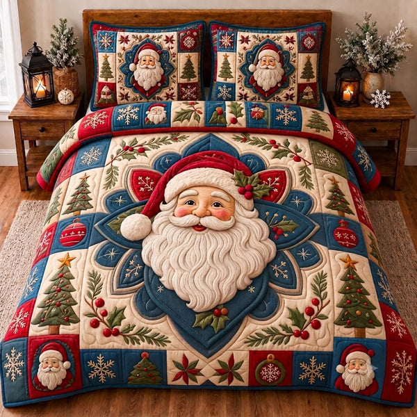 Santa Christmas Cheer quilted 3-piece bedding set on a made bed in a winter-styled bedroom