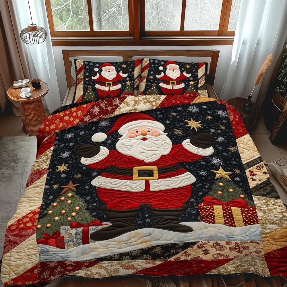 Santa Christmas quilted 3-piece bedding set on a made bed in a winter-styled bedroom