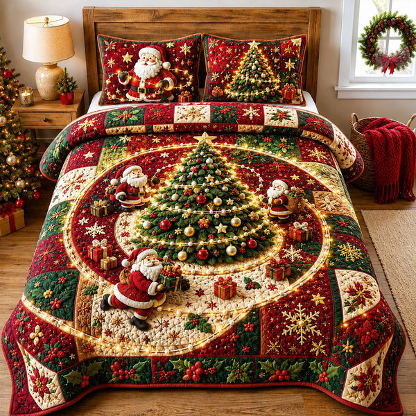 Santa Christmas Tree Magic quilted 3-piece bedding set on a made bed in a winter-styled bedroom