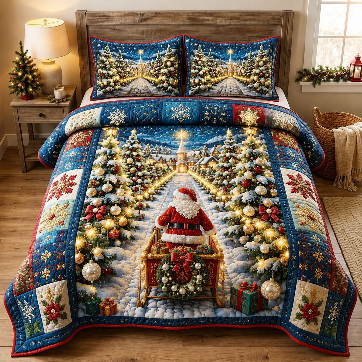 Santa Christmas Village quilted 3-piece bedding set on a made bed in a winter-styled bedroom