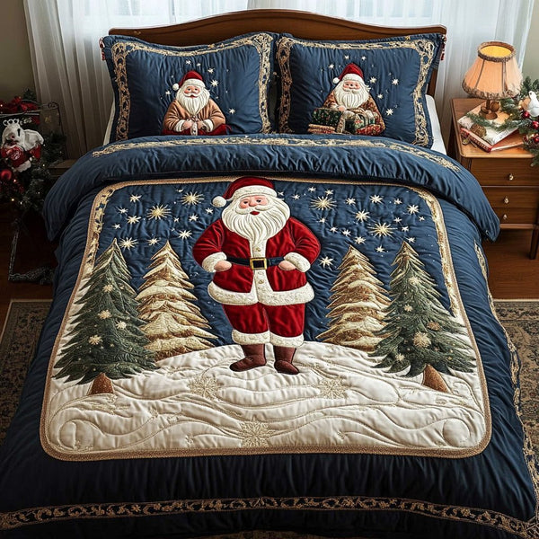 Santa Classic quilted 3-piece bedding set on a made bed in a winter-styled bedroom