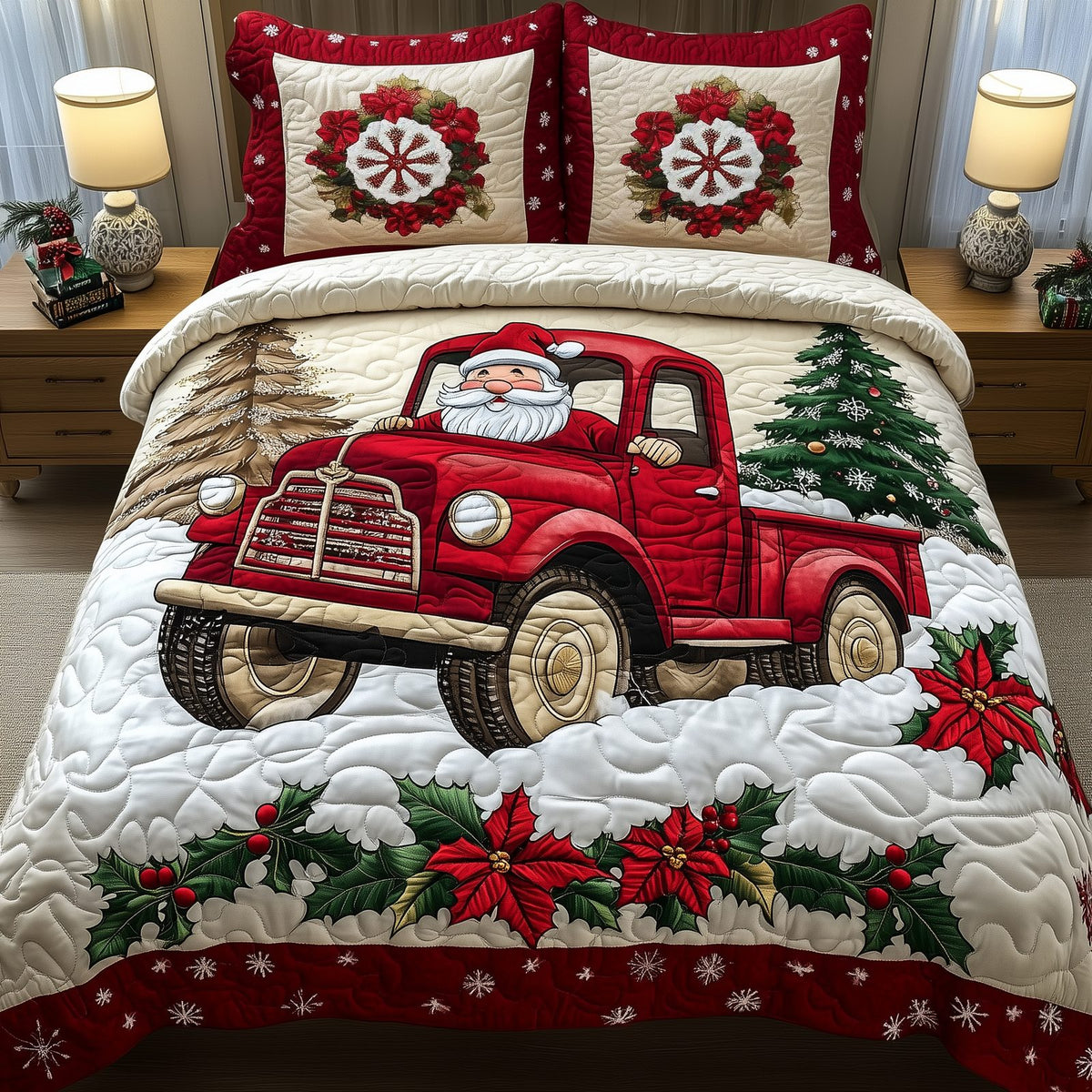 Santa Claus Is Coming quilted 3-piece bedding set on a made bed in a winter-styled bedroom