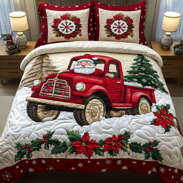 Santa Claus Is Coming quilted 3-piece bedding set on a made bed in a winter-styled bedroom