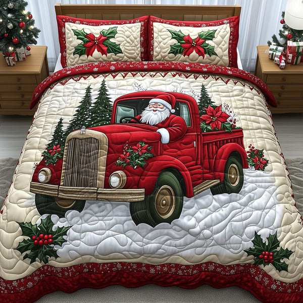 Santa Claus Is Coming quilted 3-piece bedding set on a made bed in a winter-styled bedroom