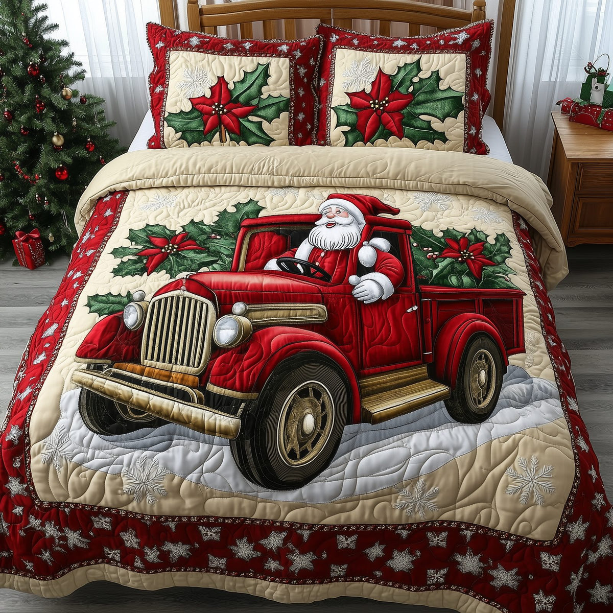 Santa Claus Is Coming quilted 3-piece bedding set on a made bed in a winter-styled bedroom