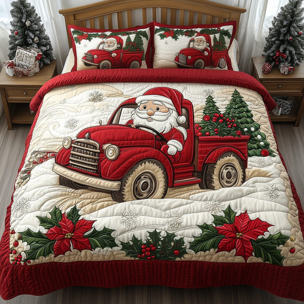 Santa Claus Is Coming quilted 3-piece bedding set on a made bed in a winter-styled bedroom