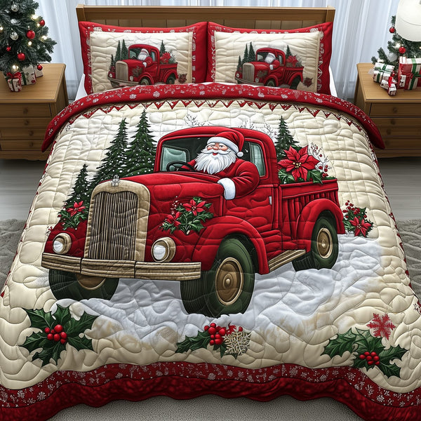 Santa Claus Is Coming quilted 3-piece bedding set on a made bed in a winter-styled bedroom