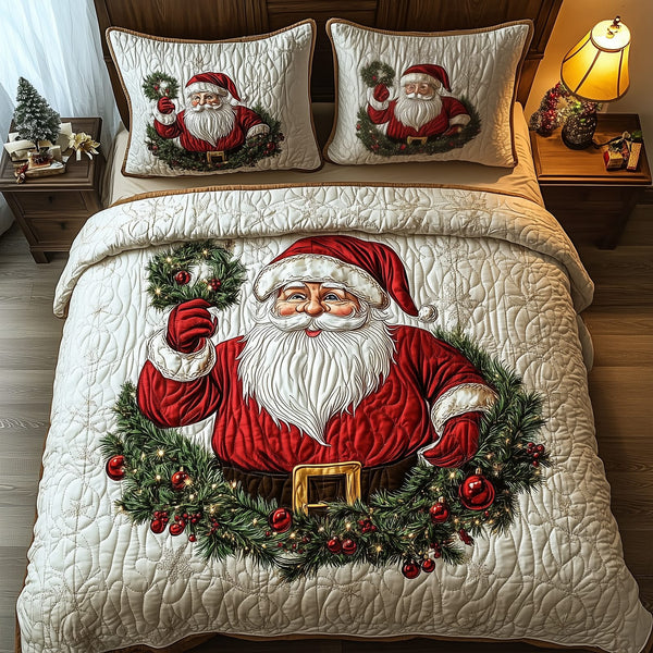 Santa Claus quilted 3-piece bedding set on a made bed in a winter-styled bedroom