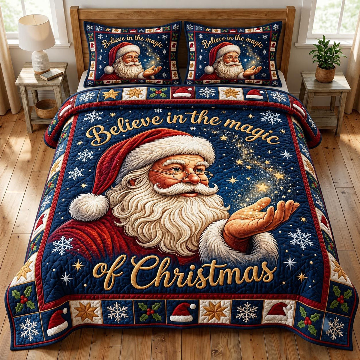 Santa Claus quilted 3-piece bedding set on a made bed in a winter-styled bedroom