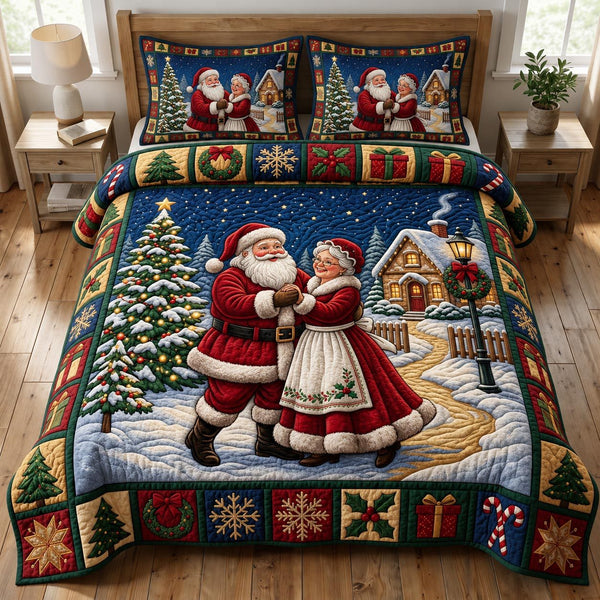 Santa Claus quilted 3-piece bedding set on a made bed in a winter-styled bedroom