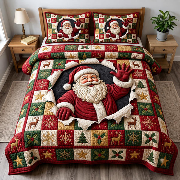 Santa Claus quilted 3-piece bedding set on a made bed in a winter-styled bedroom