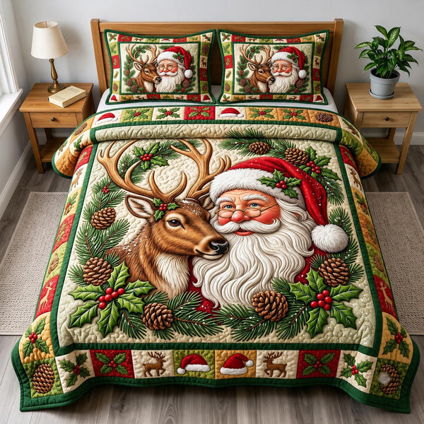 Santa Claus quilted 3-piece bedding set on a made bed in a winter-styled bedroom