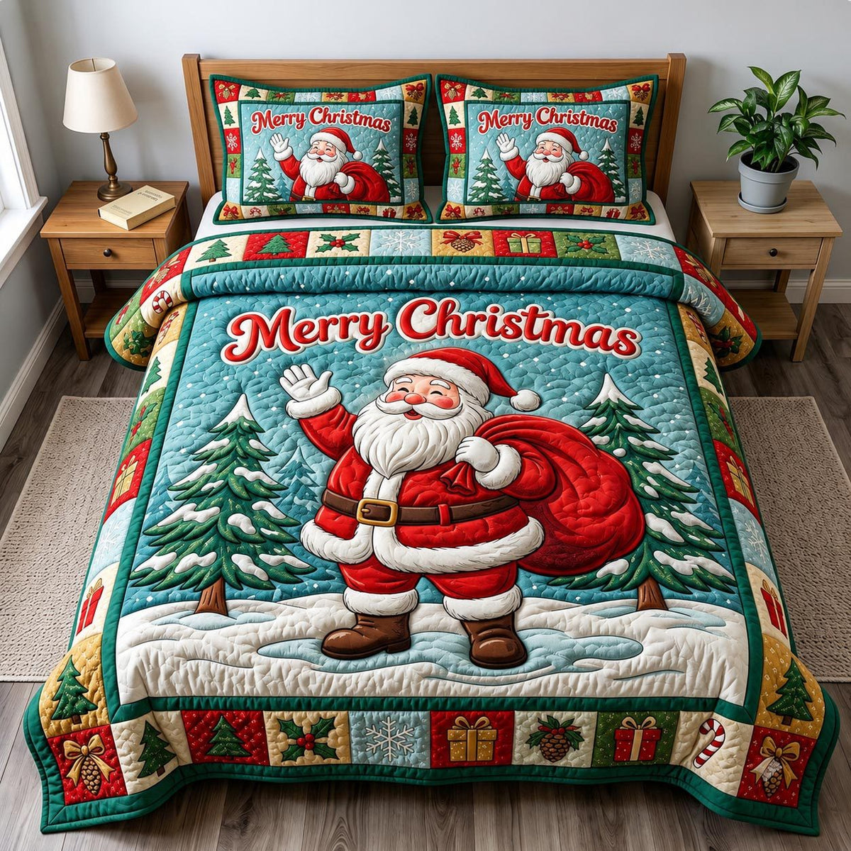Santa Claus quilted 3-piece bedding set on a made bed in a winter-styled bedroom