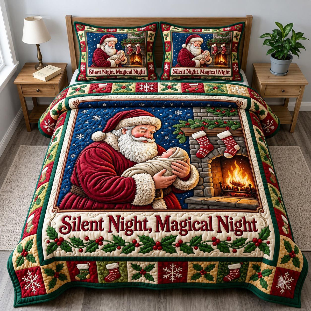 Santa Claus quilted 3-piece bedding set on a made bed in a winter-styled bedroom
