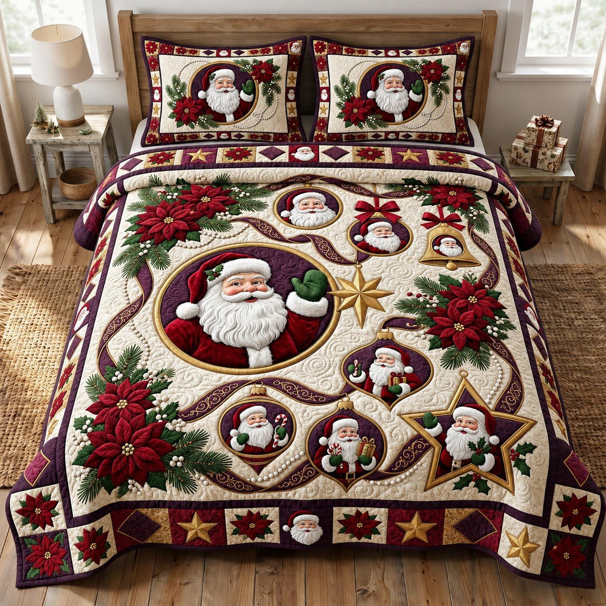 Santa Claus quilted 3-piece bedding set on a made bed in a winter-styled bedroom
