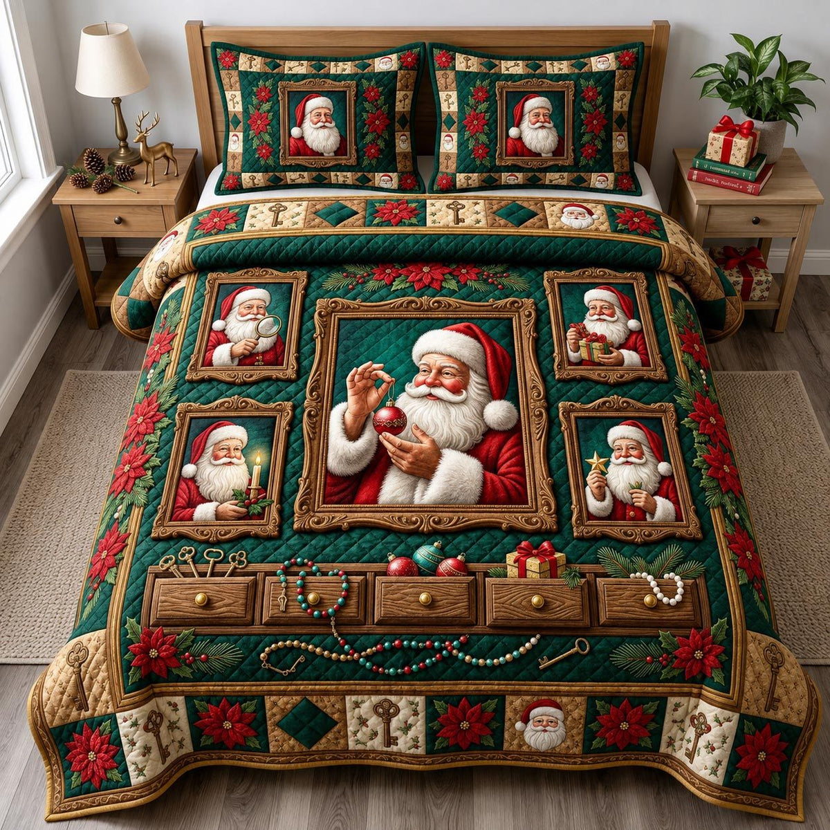 Santa Claus quilted 3-piece bedding set on a made bed in a winter-styled bedroom