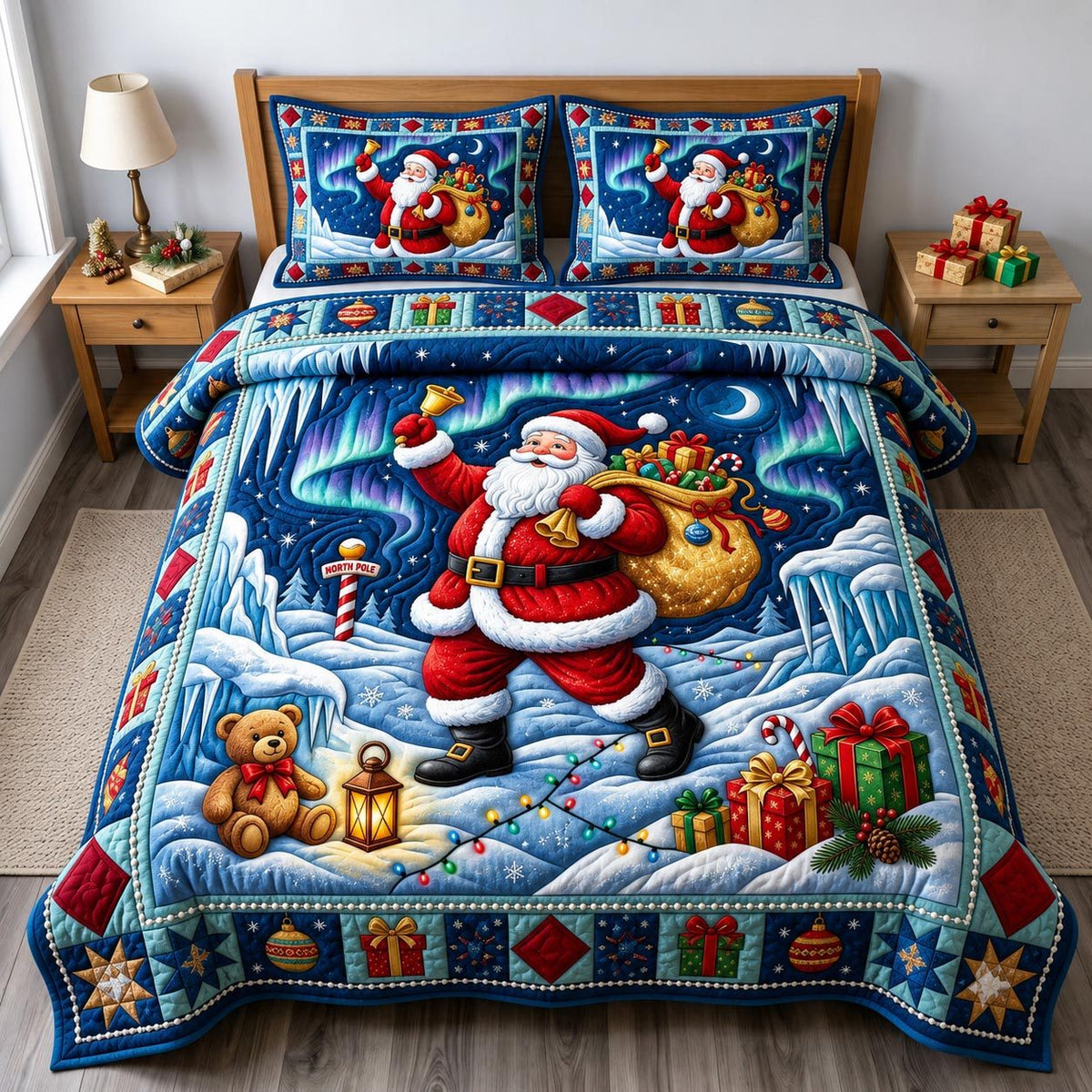 Santa Claus quilted 3-piece bedding set on a made bed in a winter-styled bedroom